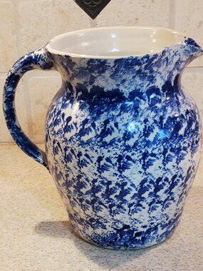P. R. Storie Pottery Co, Marshall TX Vintage Large Blue Spongeware Pitcher